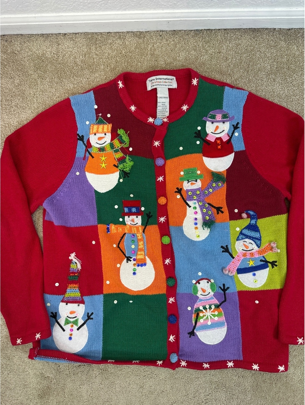 VTG Women’s Sz L Tiara International Red Ugly Christmas Sweater Snowmen Holiday - Picture 5 of 7